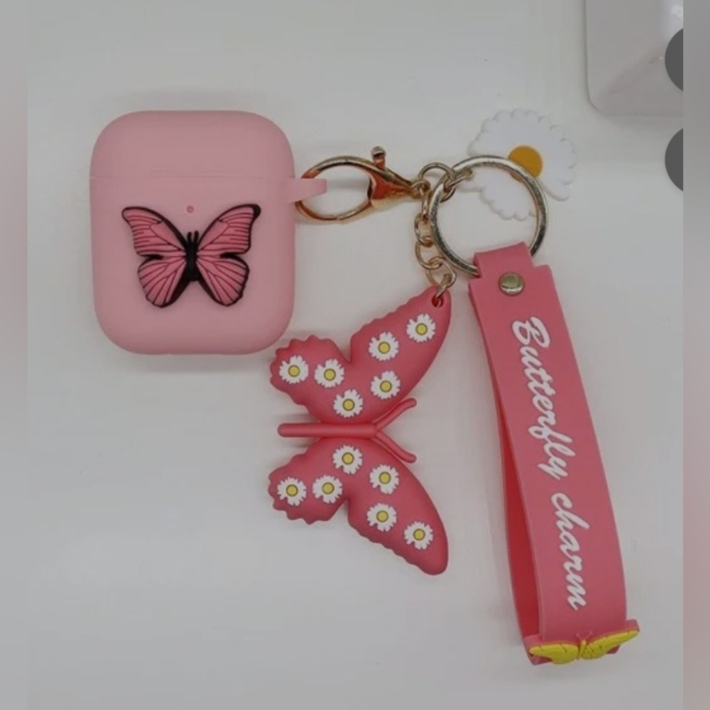Airpods Pro Case Butterfly with Keychain & Wristlet, Soft Silicone New - Picture 2 of 3